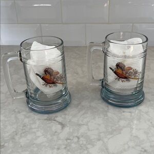 Vintage Glass Princess House Colonial Pheasant Beer Mugs hunting birding cabin